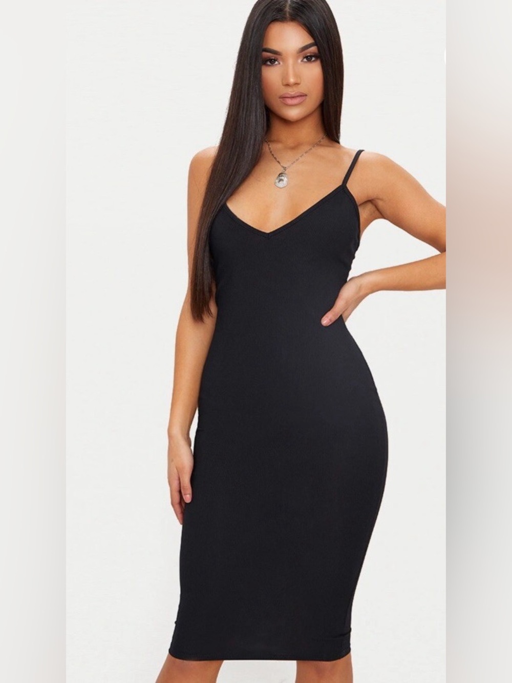 Revamped Classic Black V-Neck Midi Slip Dress size small